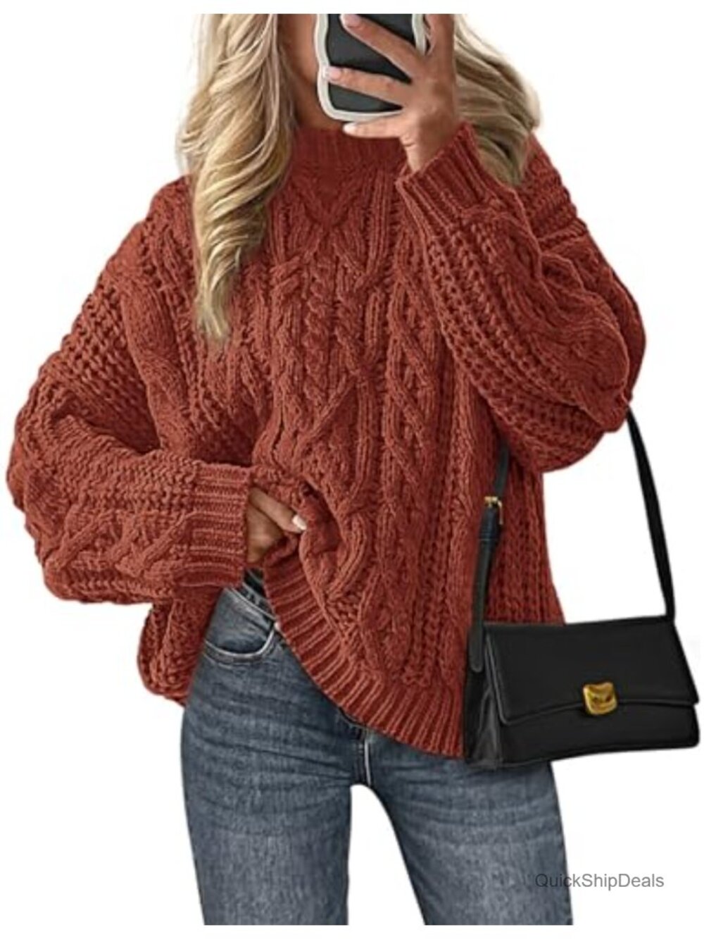 Oversized Chunky Cable Knit Pullover Sweater Women Long Sleeve Crew Neck Cozy